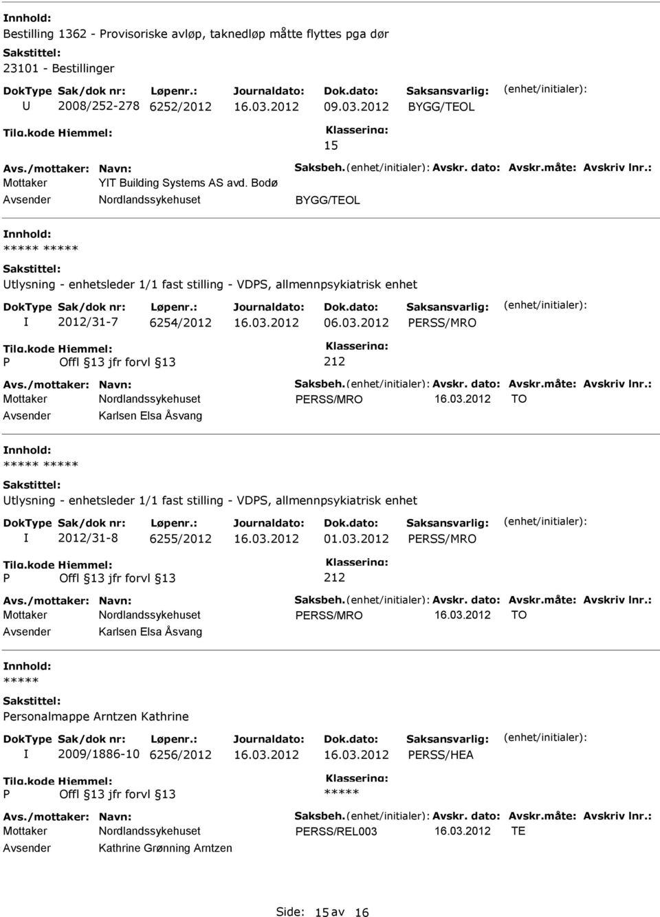 dato: Avskr.måte: Avskriv lnr.: ERSS/MRO TO Karlsen Elsa Åsvang tlysning - enhetsleder 1/1 fast stilling - VDS, allmennpsykiatrisk enhet 2012/31-8 6255/2012 01.03.2012 ERSS/MRO Avs.