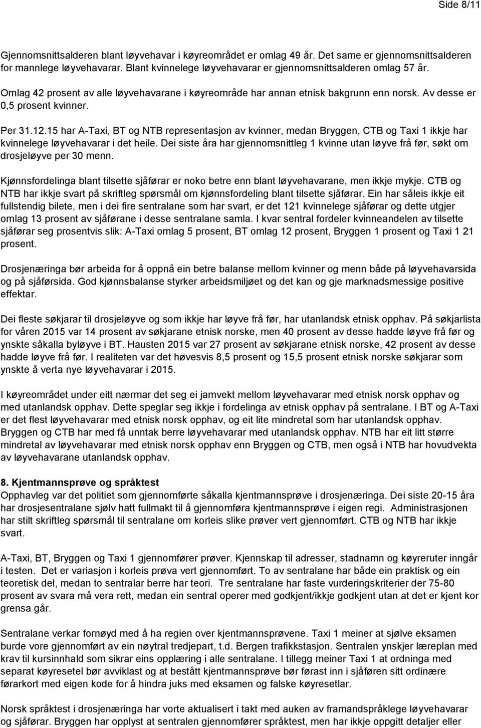 15 har A-Taxi, BT og NTB representasjon av kvinner, medan Bryggen, CTB og Taxi 1 ikkje har kvinnelege løyvehavarar i det heile.