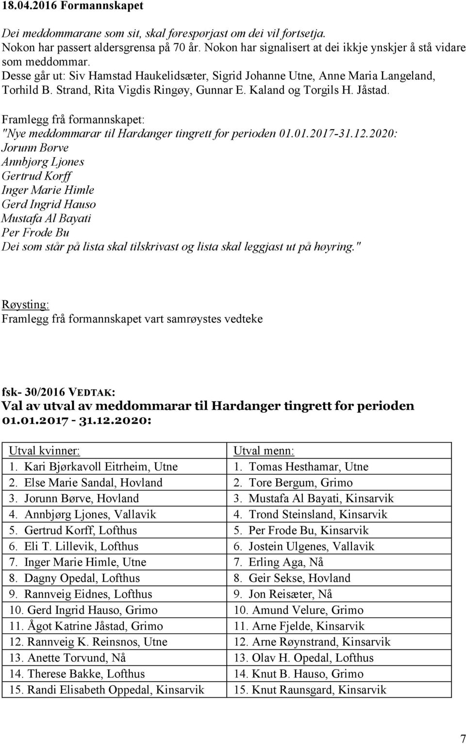 Strand, Rita Vigdis Ringøy, Gunnar E. Kaland og Torgils H. Jåstad. Framlegg frå formannskapet: "Nye meddommarar til Hardanger tingrett for perioden 01.01.2017-31.12.