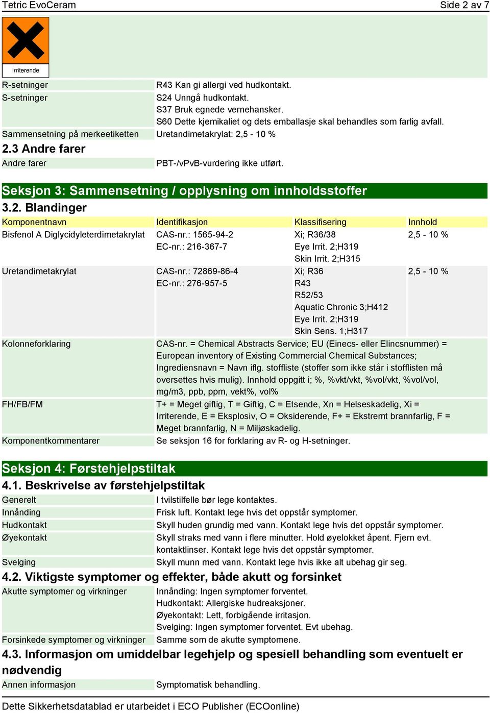 Seksjon 3: Sammensetning / opplysning om innholdsstoffer 3.2. Blandinger Komponentnavn Identifikasjon Klassifisering Innhold Bisfenol A Diglycidyleterdimetakrylat CAS-nr.: 1565-94-2 EC-nr.