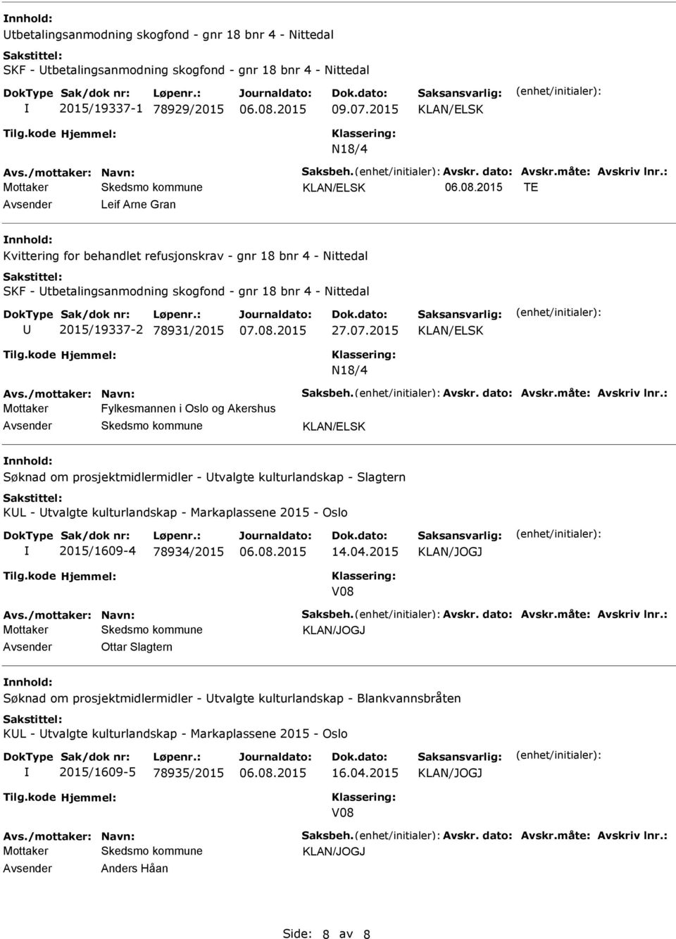 : TE Leif Arne Gran Kvittering for behandlet refusjonskrav - gnr 18 bnr 4 - Nittedal SKF - tbetalingsanmodning skogfond - gnr 18 bnr 4 - Nittedal 2015/19337-2 78931/2015 07.08.2015 27.07.2015 N18/4 Avs.