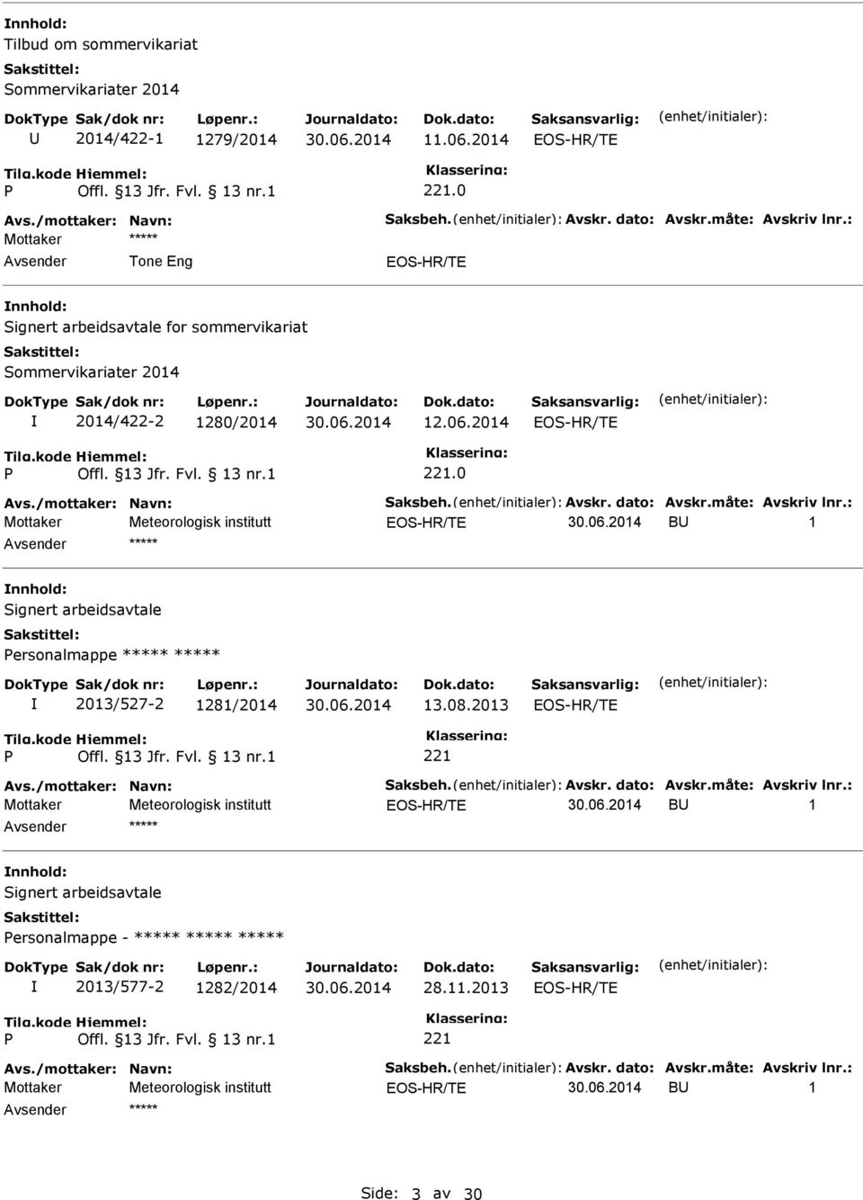 : B 1 ***** Signert arbeidsavtale ersonalmappe ***** ***** 2013/527-2 1281/2014 13.08.2013 Avs./mottaker: Navn: Saksbeh. Avskr. dato: Avskr.måte: Avskriv lnr.