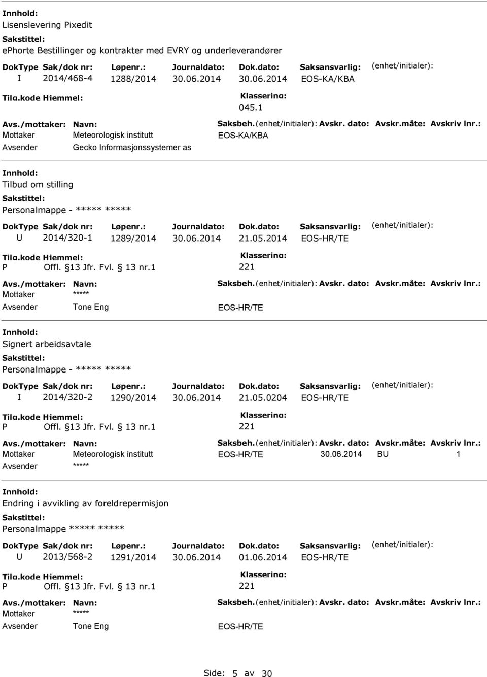 måte: Avskriv lnr.: Signert arbeidsavtale ersonalmappe - ***** ***** 2014/320-2 1290/2014 21.05.0204 Avs./mottaker: Navn: Saksbeh. Avskr. dato: Avskr.måte: Avskriv lnr.: B 1 ***** Endring i avvikling av foreldrepermisjon ersonalmappe ***** ***** 2013/568-2 1291/2014 01.