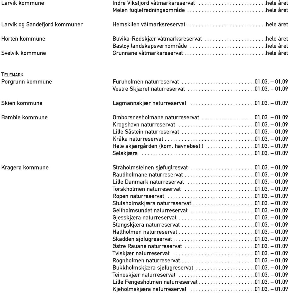 ..........................hele året Grunnane våtmarksreservat.............................hele året TELEMARK Porgrunn kommune Furuholmen naturreservat..........................01.03. 01.