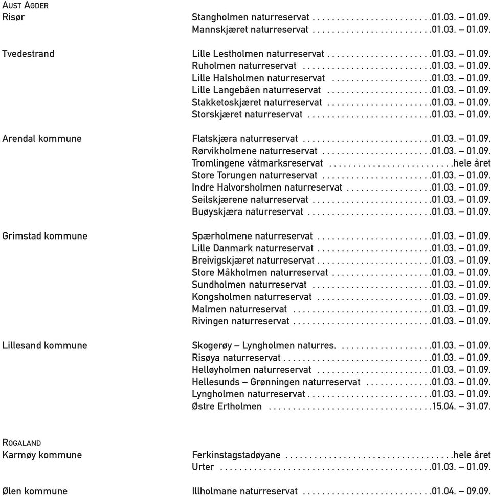 .....................01.03. 01.09. Storskjæret naturreservat..........................01.03. 01.09. Arendal kommune Flatskjæra naturreservat...........................01.03. 01.09. Rørvikholmene naturreservat.