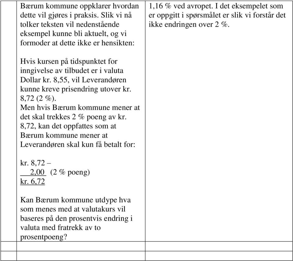 I det eksempelet som er oppgitt i spørsmålet er slik vi forstår det ikke endringen over 2 %. Hvis kursen på tidspunktet for inngivelse av tilbudet er i valuta Dollar kr.