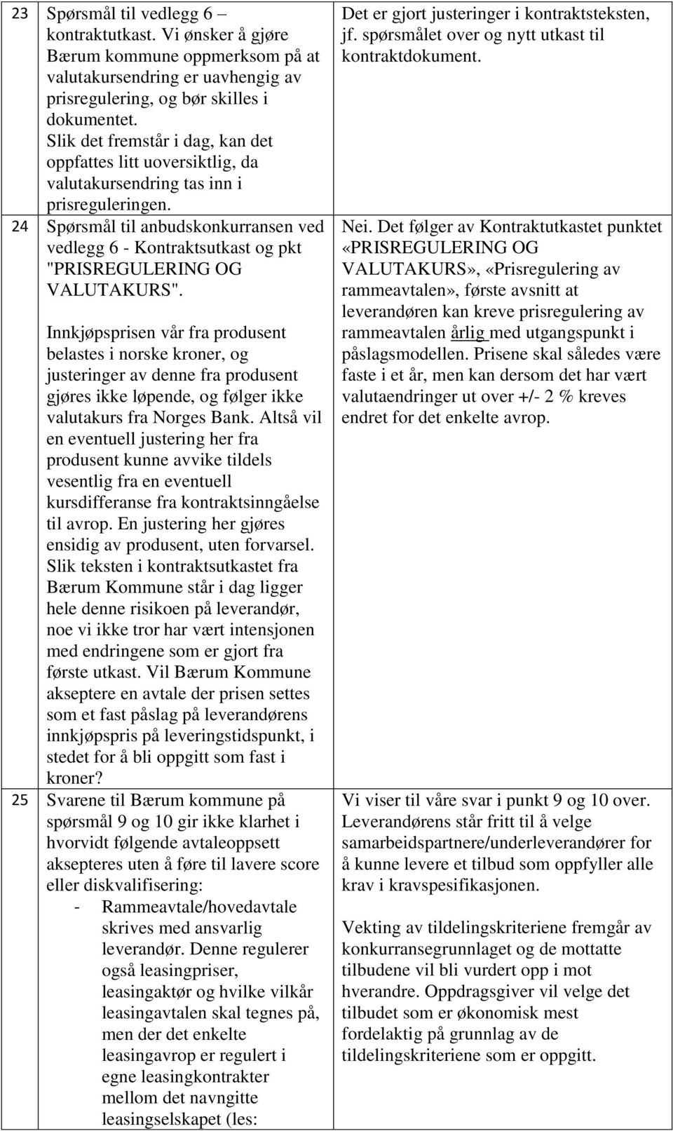 24 Spørsmål til anbudskonkurransen ved vedlegg 6 - Kontraktsutkast og pkt "PRISREGULERING OG VALUTAKURS".