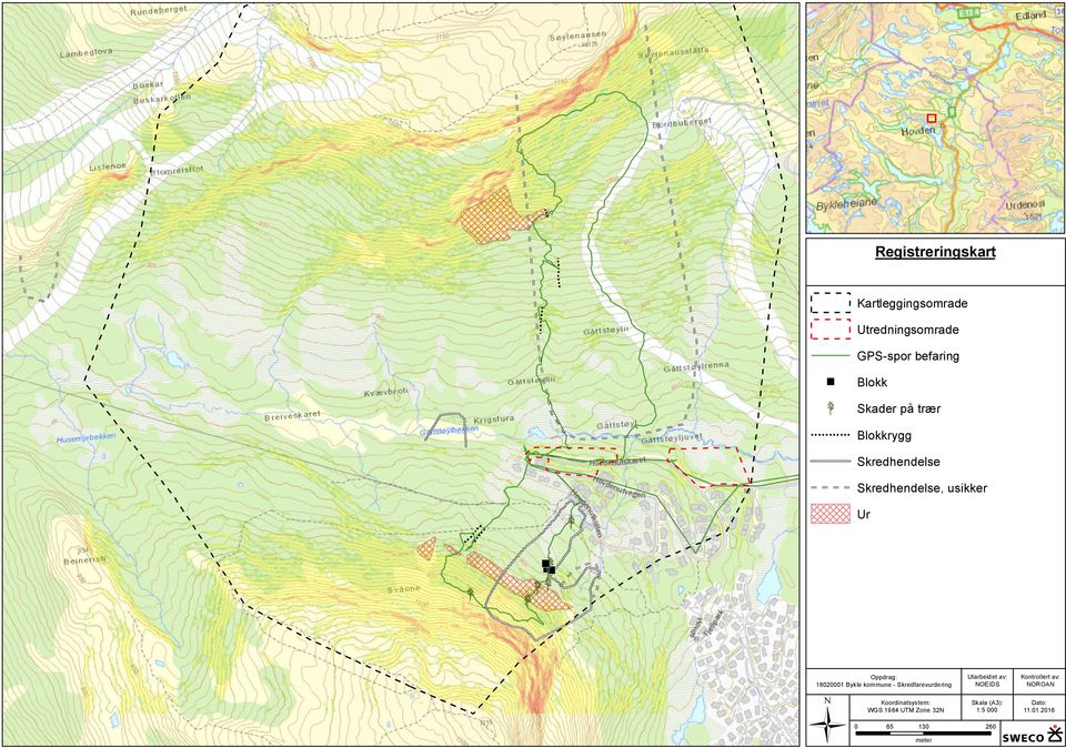 18020001 Bykle kommune - Skredfarevurdering Ü Koordinatsystem: WGS 1984 UTM Zone