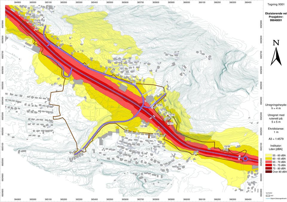 h=4m Utregnet med rutenett på: 5x5m 6925200 6925200 12/186 10/60 Ekvidistanse: 1m 6925100 6925100 A3 = 1:4579 6925000 6924900 6924800 6924800 6924900 6925000 13/18 364900