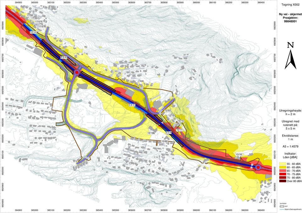 rutenett på: 5x5m 2,0 m 6925200 6925200 12/186 Utregningshøyde: h=2m 10/60 Ekvidistanse: 1m 6925100 6925100 A3 = 1:4579 6925000 6924900 6924800 6924800 6924900 6925000 13/18 364900