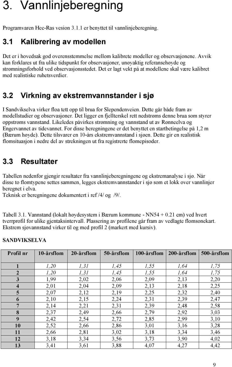 Det er lagt vekt på at modellene skal være kalibret med realistiske ruhetsverdier. 3.2 Virkning av ekstremvannstander i sjø I Sandvikselva virker floa tett opp til brua for Slependenveien.