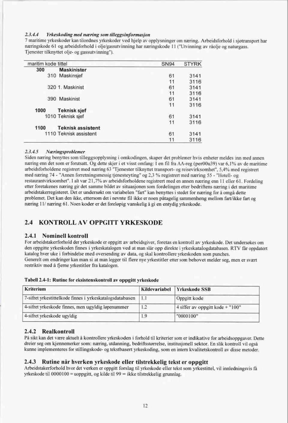 maritim kode tittel SN94 STYRK 300 Maskinister 310 Maskinsjef 61 3141 11 3116 320 1.