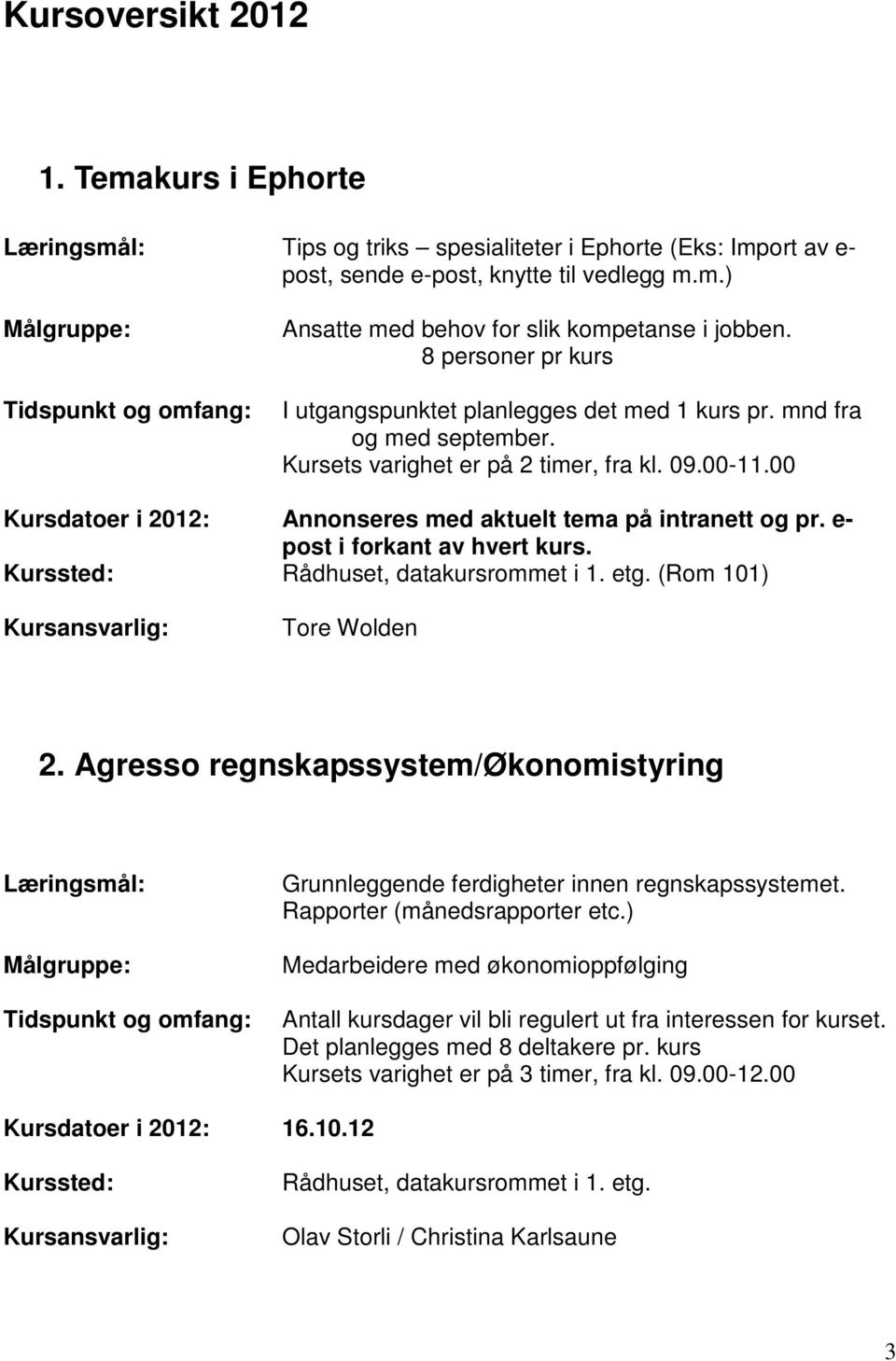 00 Kursdatoer i 2012: Annonseres med aktuelt tema på intranett og pr. e- post i forkant av hvert kurs. Kurssted: Rådhuset, datakursrommet i 1. etg. (Rom 101) Tore Wolden 2.