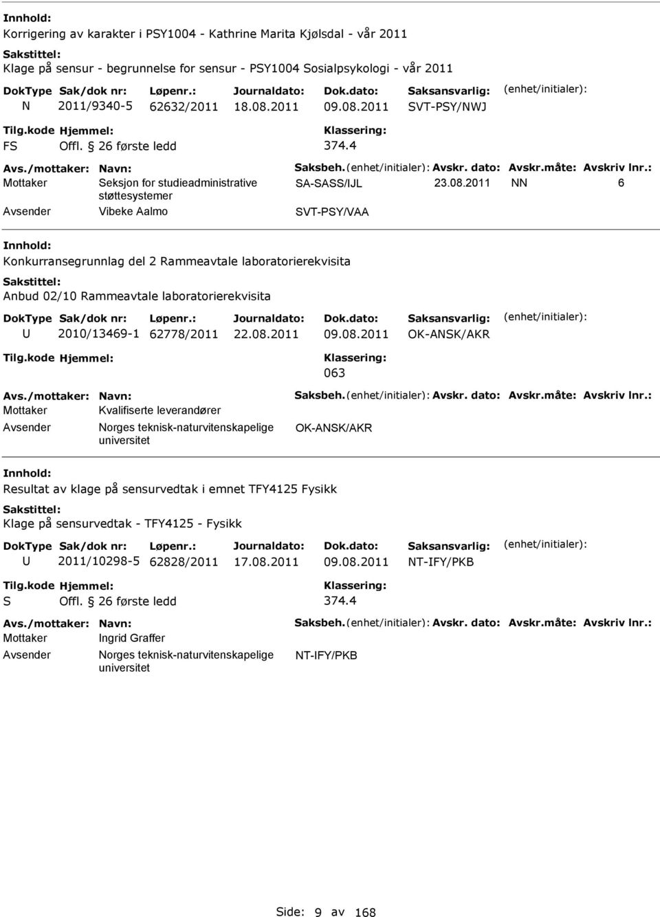 08.2011 OK-ANSK/AKR 063 Mottaker Kvalifiserte leverandører OK-ANSK/AKR Resultat av klage på sensurvedtak i emnet TFY4125 Fysikk Klage på sensurvedtak - TFY4125 - Fysikk 2011/10298-5 62828/2011