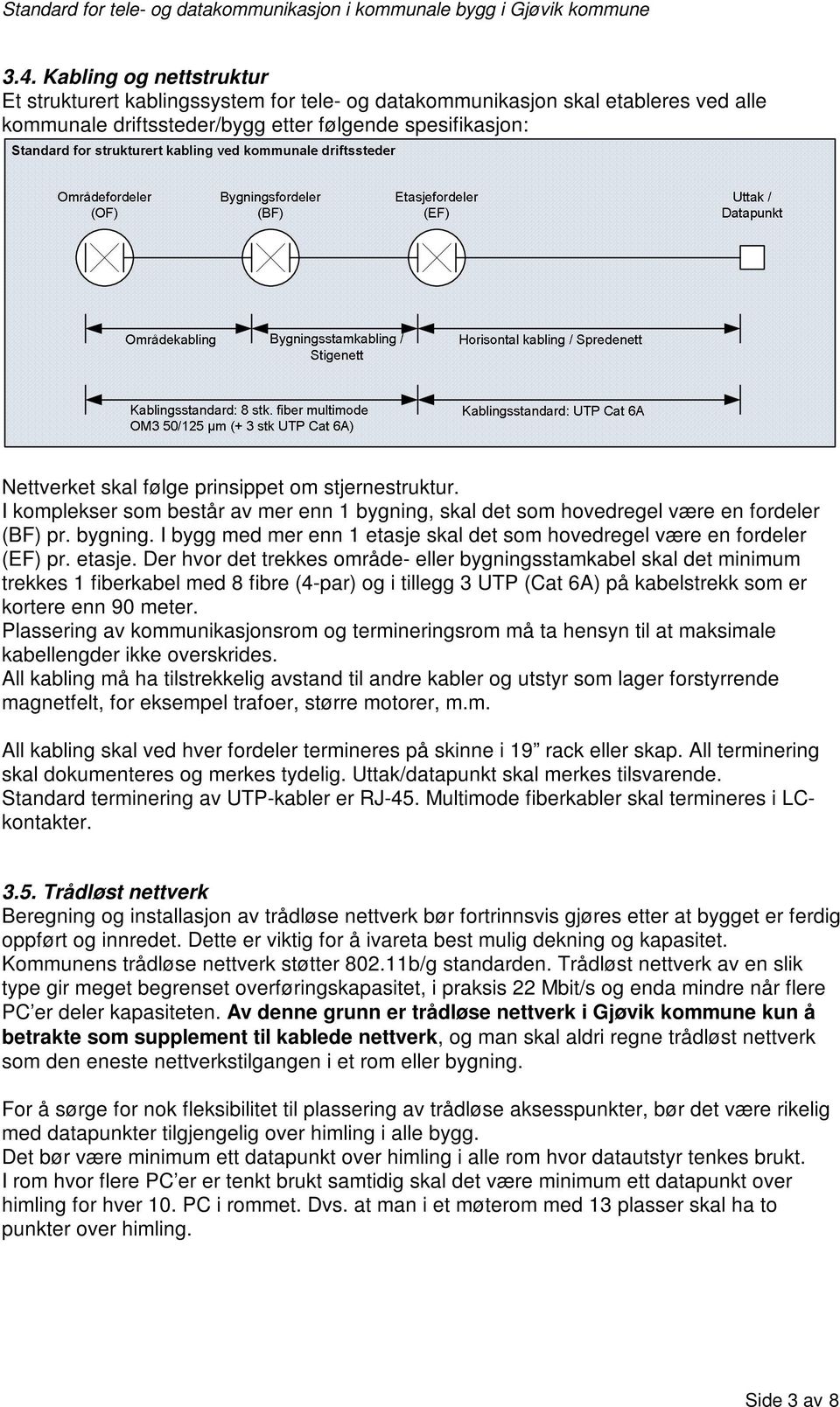 etasje. Der hvor det trekkes område- eller bygningsstamkabel skal det minimum trekkes 1 fiberkabel med 8 fibre (4-par) og i tillegg 3 UTP (Cat 6A) på kabelstrekk som er kortere enn 90 meter.