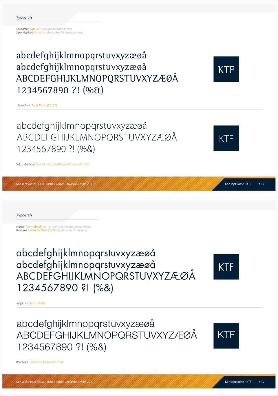 ! (%&) KTF Sekundærfont: Myriad Pro (Light/Regular/Semibold/Bold) Konseptskisse - KTF s 17 Typografi Ingress: Futura (Book) skal kun benyttes til ingress i Kran