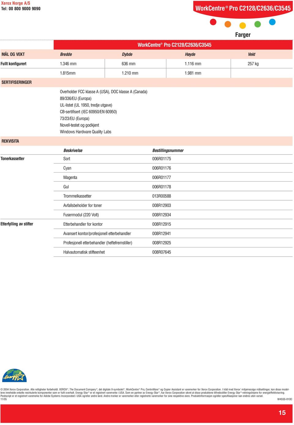 godkjent Windows Hardware Quality Labs REKVISITA Tonerkassetter Etterfylling av stifter Beskrivelse Sort Cyan Magenta Gul Trommelkassetter Avfallsbeholder for toner Fusermodul (220 Volt)