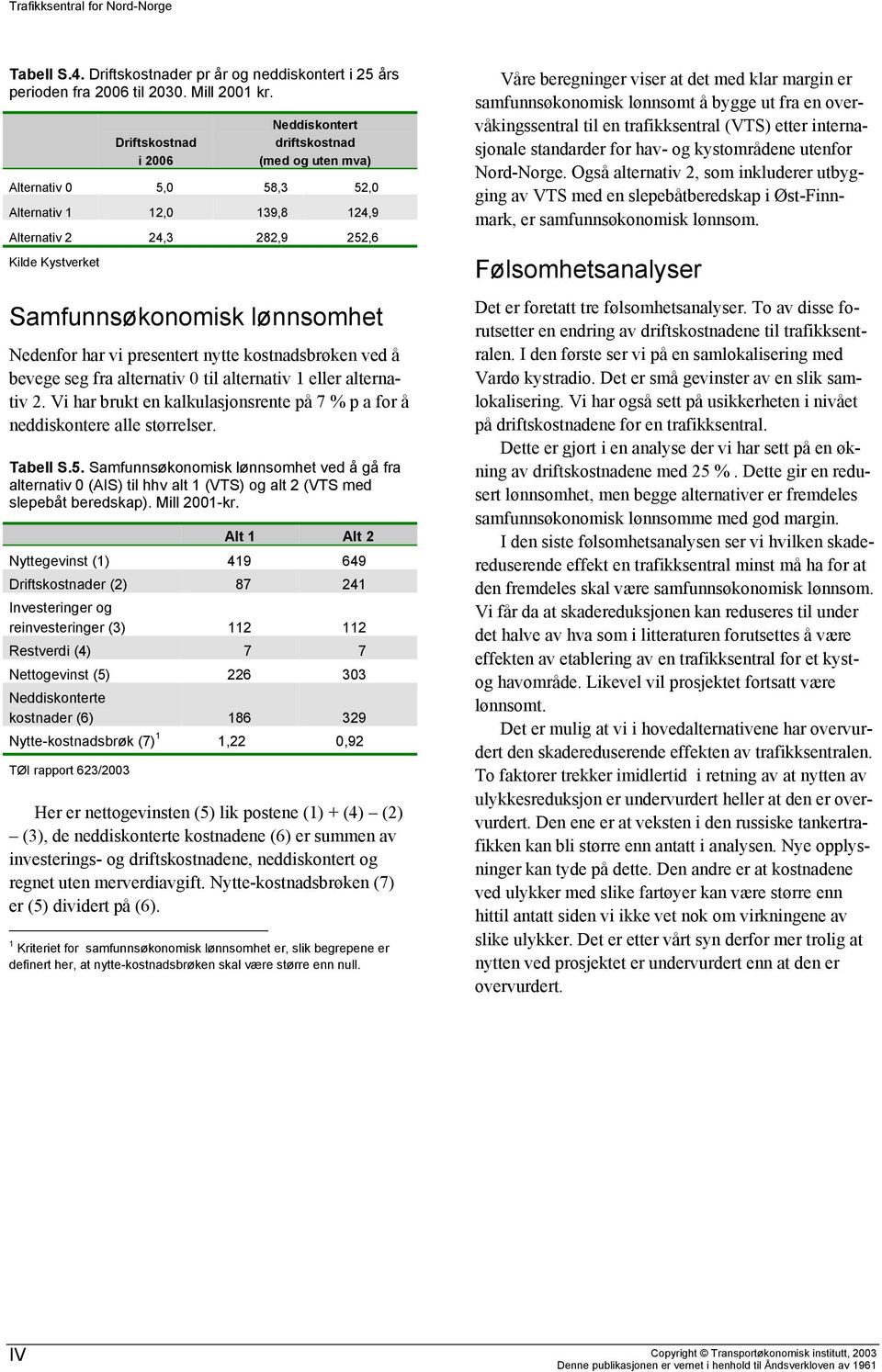 Nedenfor har vi presentert nytte kostnadsbrøken ved å bevege seg fra alternativ 0 til alternativ 1 eller alternativ 2. Vi har brukt en kalkulasjonsrente på 7 % p a for å neddiskontere alle størrelser.