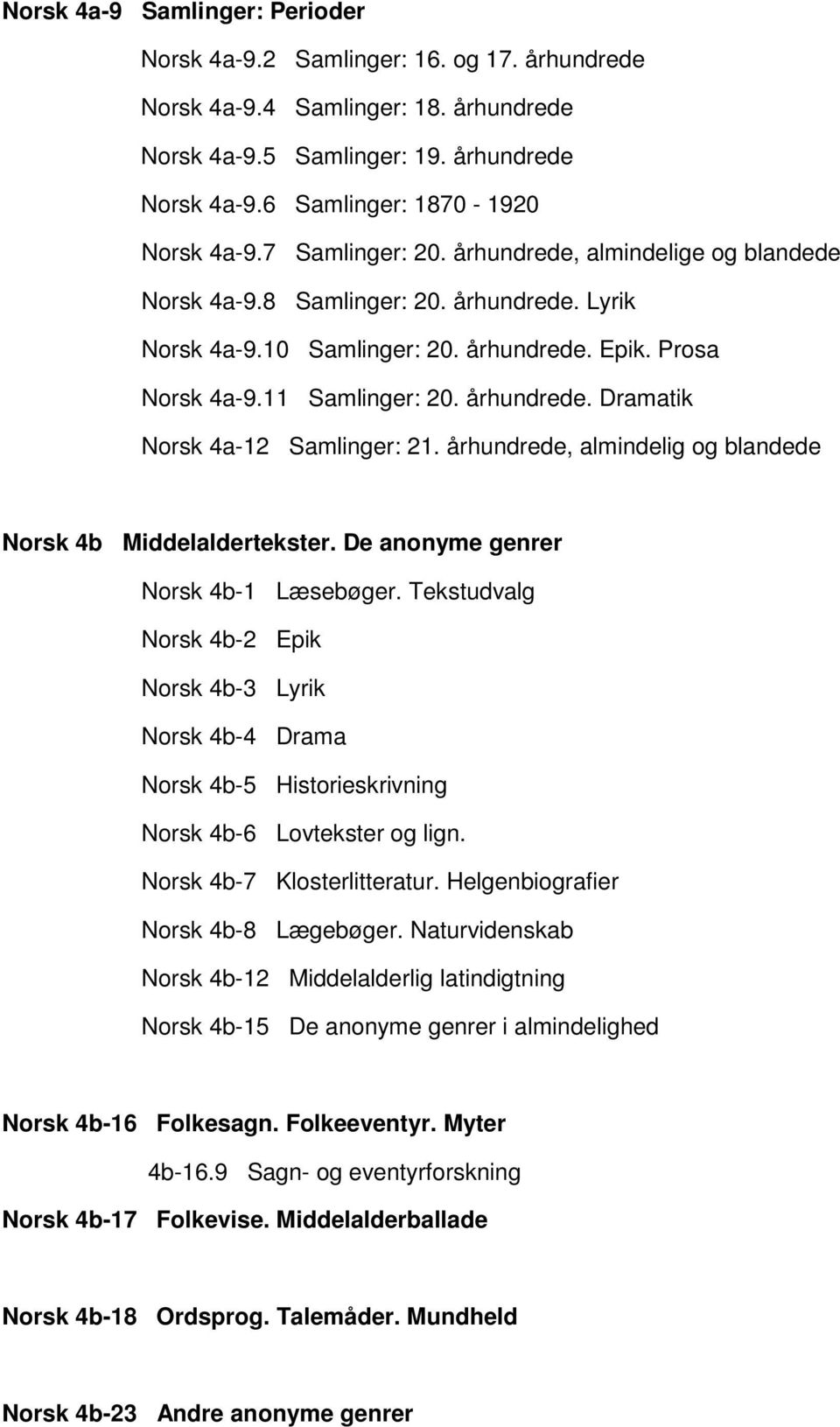 århundrede, almindelig og blandede Norsk 4b Middelaldertekster. De anonyme genrer Norsk 4b-1 Læsebøger.