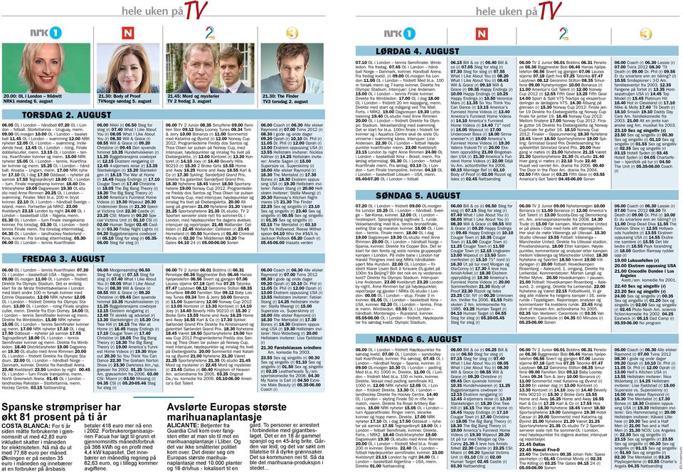 00 NRK nyheter 12.05 OL i London svømming. Innledende heat. 12.45 OL i London roing. Finale dobbelsculler, menn. 13.15 OL i London tennis. Kvartfinaler kvinner og menn. 15.00 NRK nyheter 15.