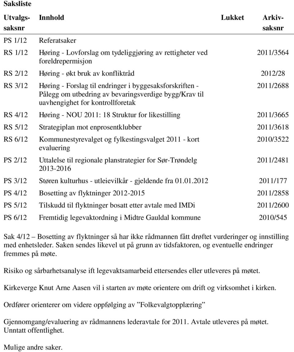 NOU 2011: 18 Struktur for likestilling 2011/3665 RS 5/12 Strategiplan mot enprosentklubber 2011/3618 RS 6/12 PS 2/12 Kommunestyrevalget og fylkestingsvalget 2011 - kort evaluering Uttalelse til