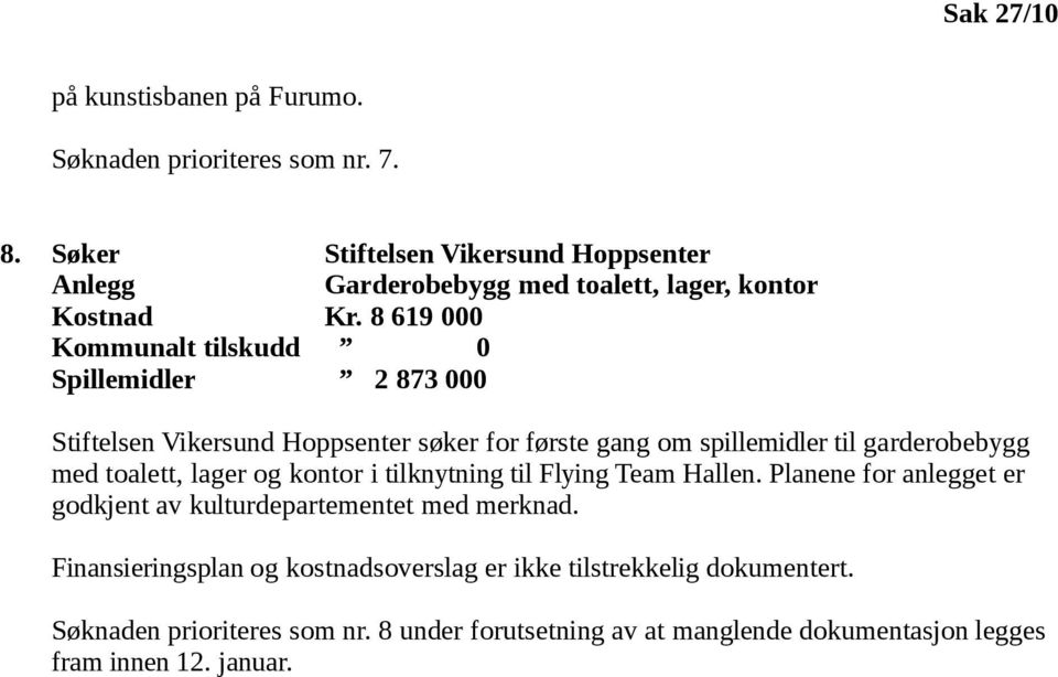 8 619 000 0 2 873 000 Stiftelsen Vikersund Hoppsenter søker for første gang om spillemidler til garderobebygg med toalett, lager og kontor i