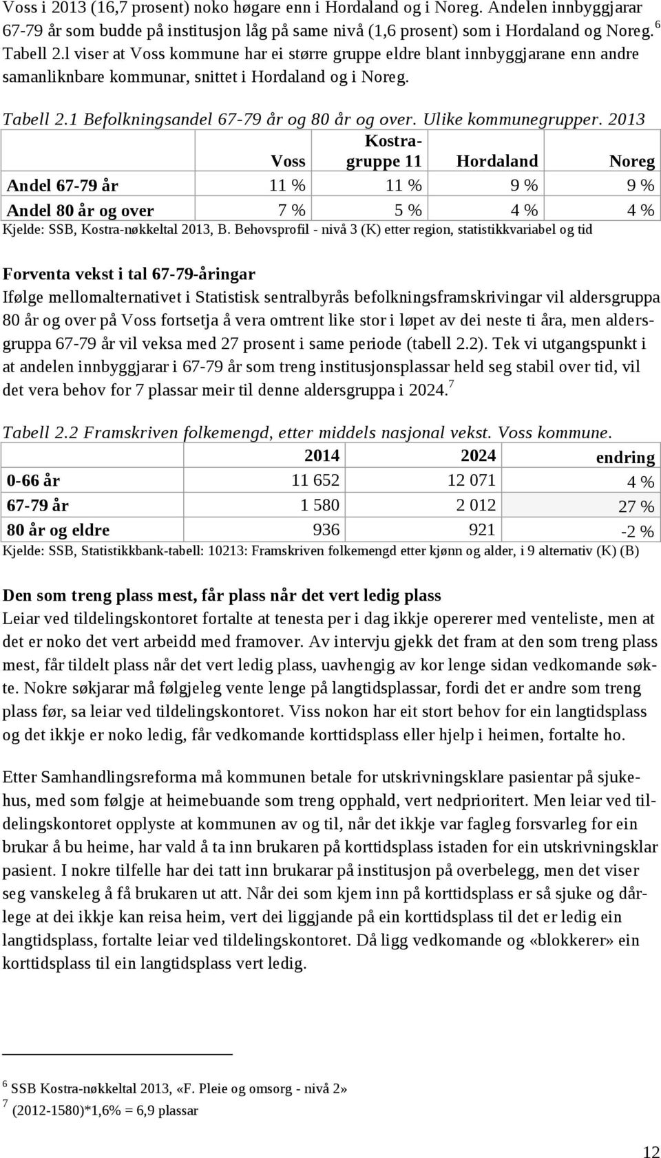 Ulike kommunegrupper. 2013 Kostra- Voss gruppe 11 Hordaland Noreg Andel 67-79 år 11 % 11 % 9 % 9 % Andel 80 år og over 7 % 5 % 4 % 4 % Kjelde: SSB, Kostra-nøkkeltal 2013, B.