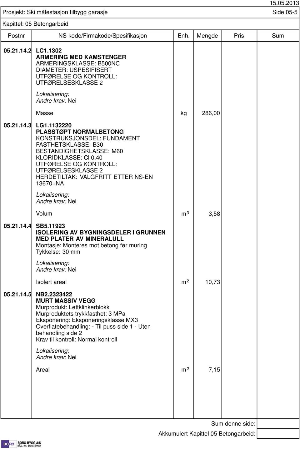 NS-EN 13670+NA Volum m 3 3,58 05.21.14.4 SB5.11923 ISOLERING AV BYGNINGSDELER I GRUNNEN MED PLATER AV MINERALULL Montasje: Monteres mot betong før muring Tykkelse: 30 mm Isolert areal m 2 10,73 05.21.14.5 NB2.