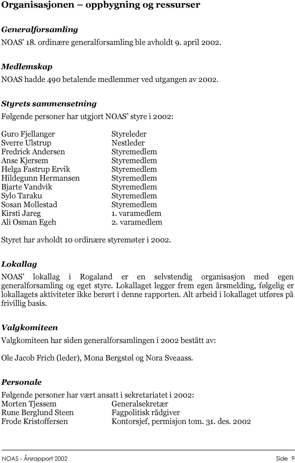 Sosan Mollestad Kirsti Jareg Ali Osman Egeh Styreleder Nestleder 1. varamedlem 2. varamedlem Styret har avholdt 10 ordinære styremøter i 2002.