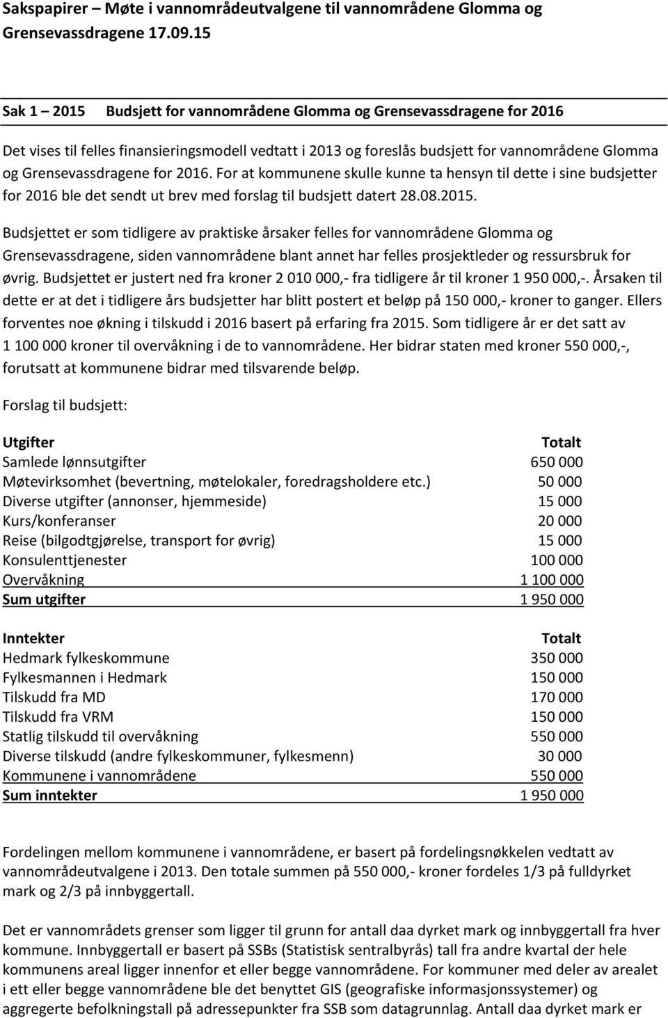 for 2016. For at kommunene skulle kunne ta hensyn til dette i sine budsjetter for 2016 ble det sendt ut brev med forslag til budsjett datert 28.08.2015.