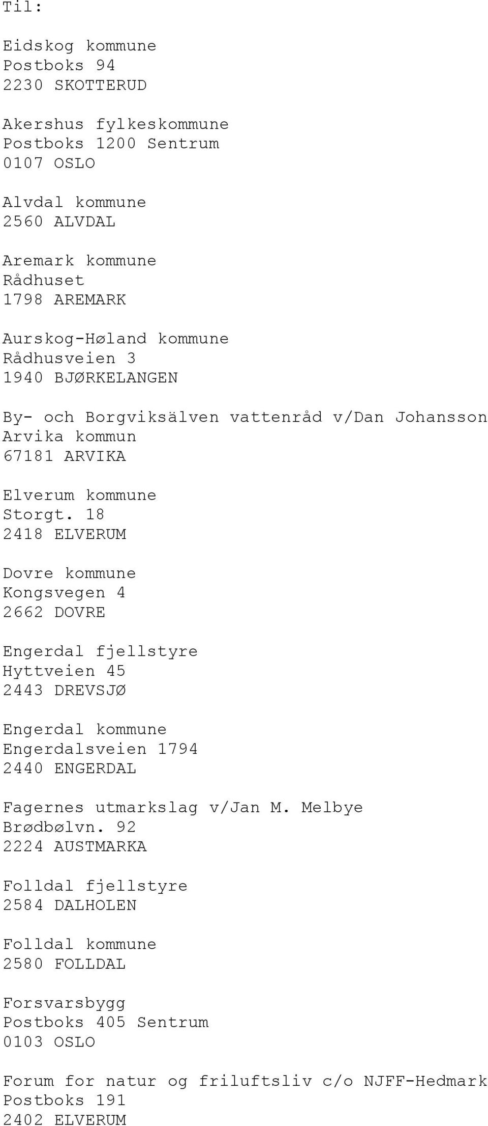 18 2418 ELVERUM Dovre kommune Kongsvegen 4 2662 DOVRE Engerdal fjellstyre Hyttveien 45 2443 DREVSJØ Engerdal kommune Engerdalsveien 1794 2440 ENGERDAL Fagernes utmarkslag v/jan M.