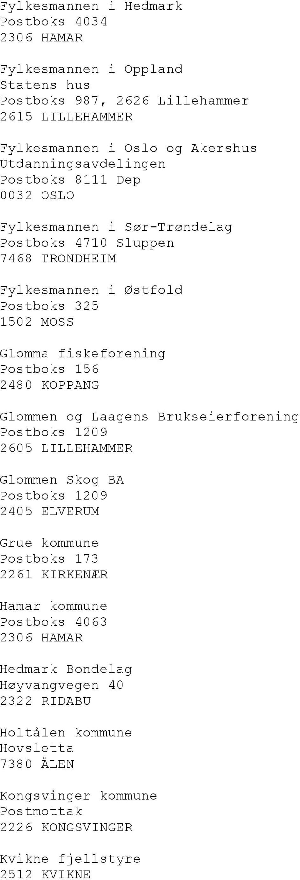 fiskeforening Postboks 156 2480 KOPPANG Glommen og Laagens Brukseierforening Postboks 1209 2605 LILLEHAMMER Glommen Skog BA Postboks 1209 2405 ELVERUM Grue kommune Postboks 173