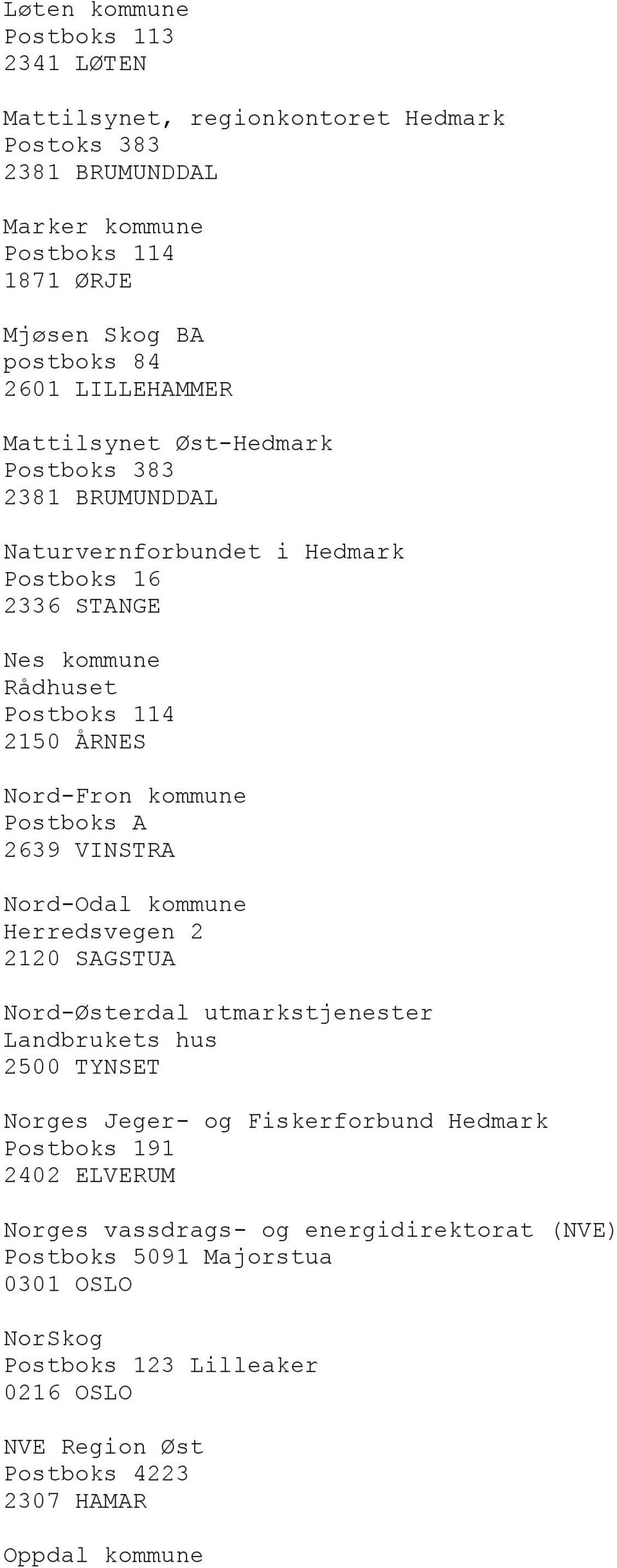 kommune Postboks A 2639 VINSTRA Nord-Odal kommune Herredsvegen 2 2120 SAGSTUA Nord-Østerdal utmarkstjenester Landbrukets hus 2500 TYNSET Norges Jeger- og Fiskerforbund Hedmark