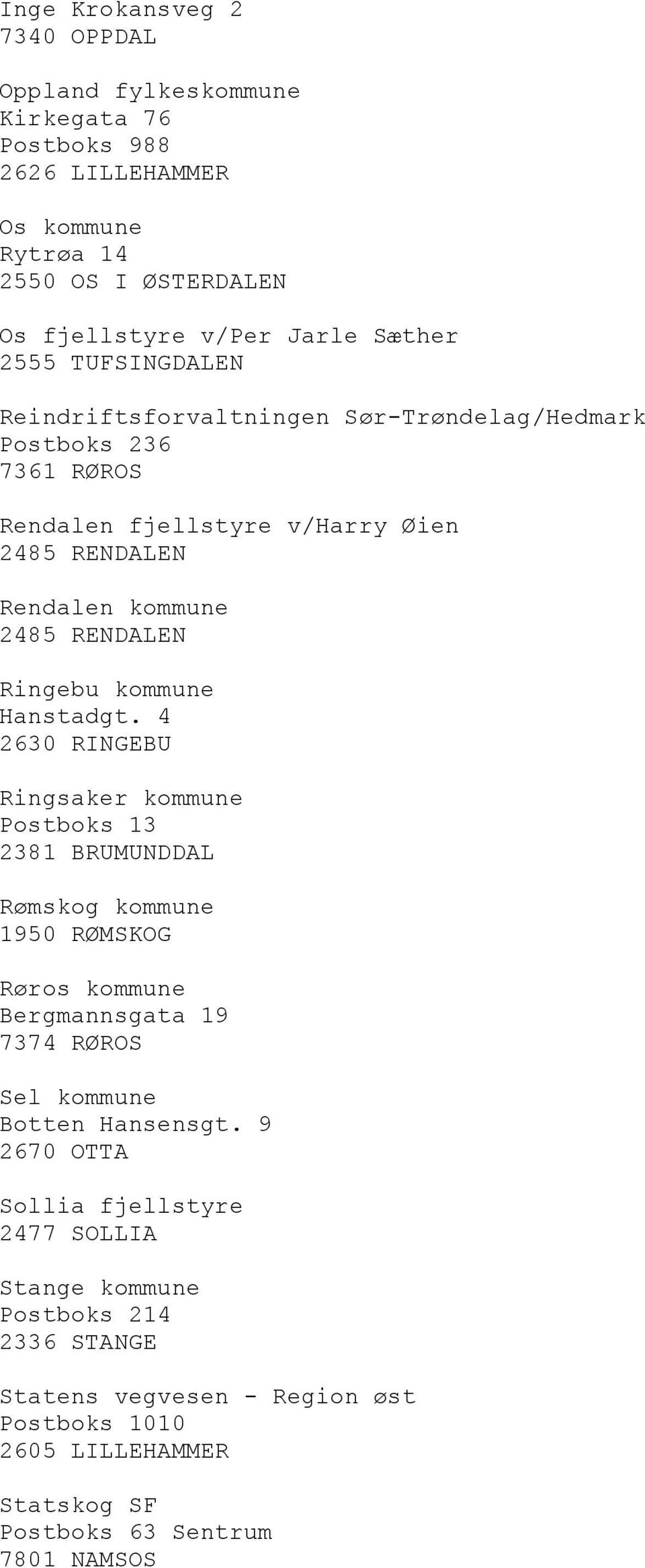 Hanstadgt. 4 2630 RINGEBU Ringsaker kommune Postboks 13 2381 BRUMUNDDAL Rømskog kommune 1950 RØMSKOG Røros kommune Bergmannsgata 19 7374 RØROS Sel kommune Botten Hansensgt.