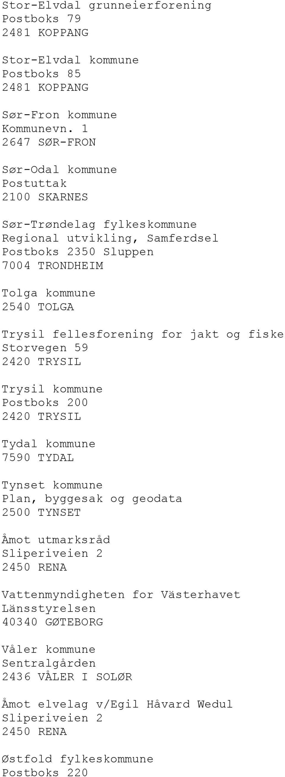 Trysil fellesforening for jakt og fiske Storvegen 59 2420 TRYSIL Trysil kommune Postboks 200 2420 TRYSIL Tydal kommune 7590 TYDAL Tynset kommune Plan, byggesak og geodata 2500 TYNSET