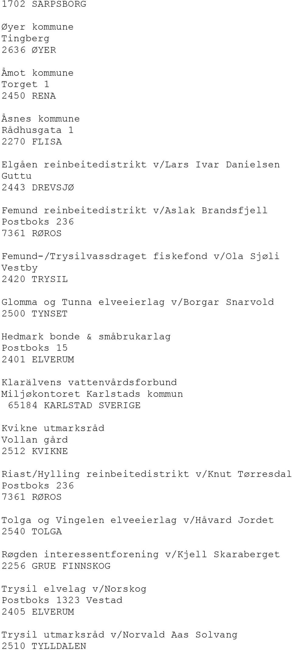 & småbrukarlag Postboks 15 2401 ELVERUM Klarälvens vattenvårdsforbund Miljøkontoret Karlstads kommun 65184 KARLSTAD SVERIGE Kvikne utmarksråd Vollan gård 2512 KVIKNE Riast/Hylling reinbeitedistrikt