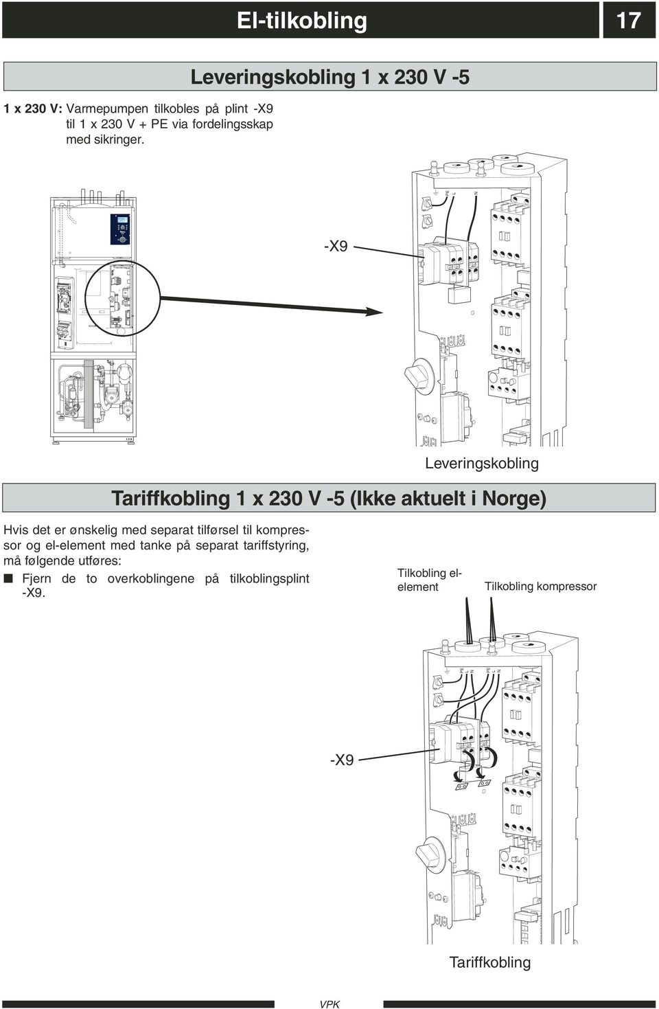 Leveringskobling 1 x 230 V -5 -X9 Leveringskobling Tariffkobling 1 x 230 V -5 (Ikke aktuelt i orge) Hvis det er ønskelig med separat