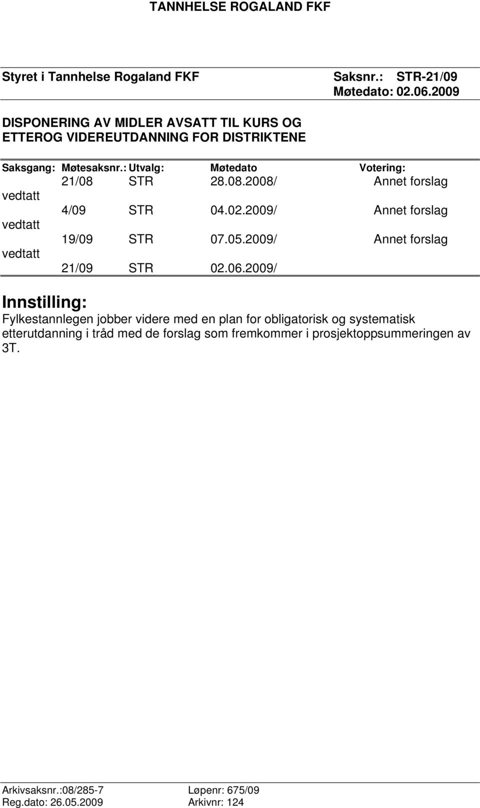 08.2008/ Annet forslag vedtatt 4/09 STR 04.02.2009/ Annet forslag vedtatt 19/09 STR 07.05.2009/ Annet forslag vedtatt 21/09 STR 02.06.