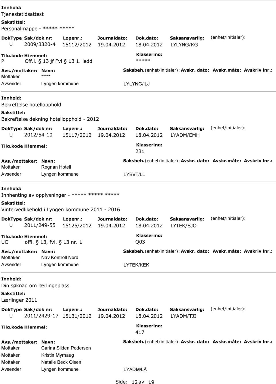 : Rognan Hotell LYBVT/LL nnhenting av opplysninger - Vintervedlikehold i 2011-2016 2011/249-55 15125/2012 LYTEK/SJO O offl. 13, fvl. 13 nr. 1 Q03 Avs./mottaker: Navn: Saksbeh. Avskr.