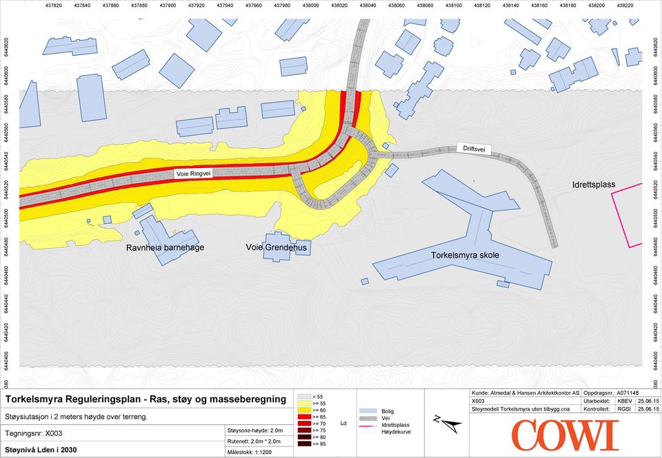 6440560 6440580 6440580 6440600 6440600 6440620 6440620 Torkelsmyra Reguleringsplan - Ras, støy og masseberegning Støysiutasjon i 2 meters høyde over terreng.