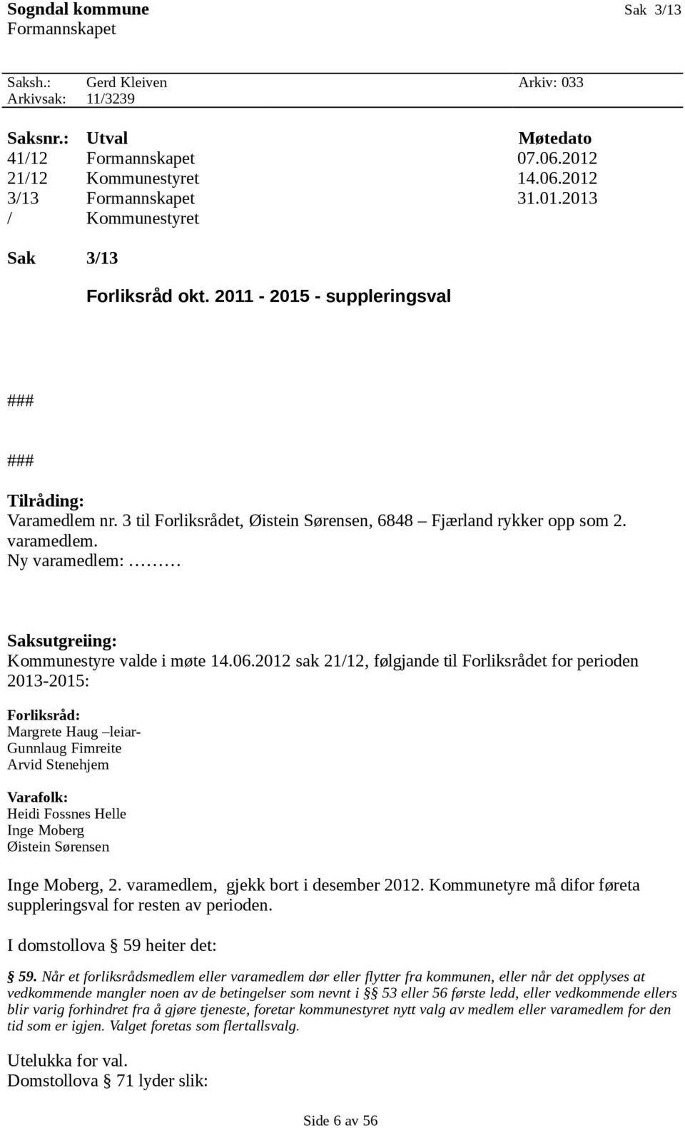 Ny varamedlem: Saksutgreiing: Kommunestyre valde i møte 14.06.