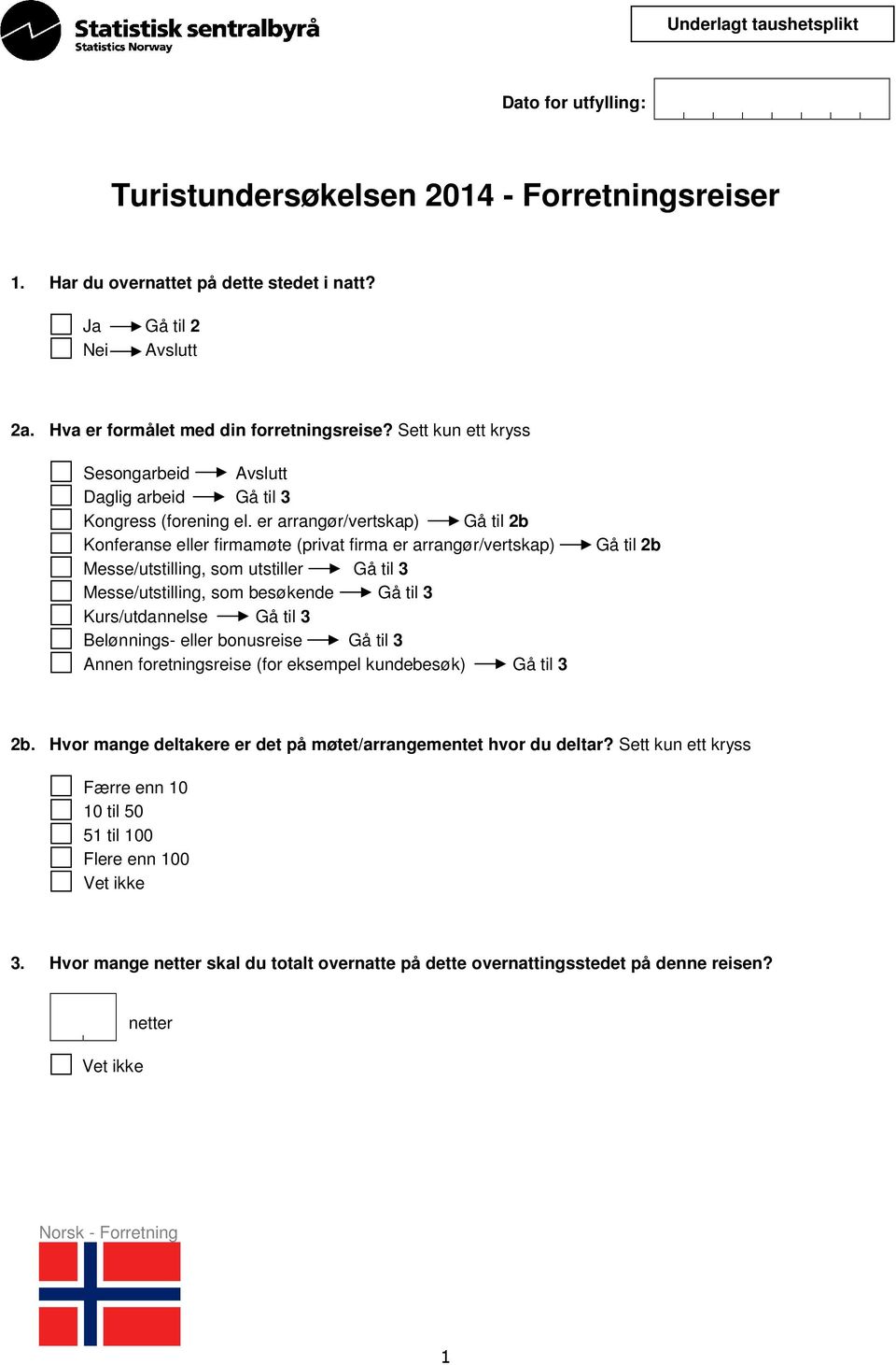 er arrangør/vertskap) Gå til 2b Konferanse eller firmamøte (privat firma er arrangør/vertskap) Messe/utstilling, som utstiller Gå til 3 Messe/utstilling, som besøkende Gå til 3 Kurs/utdannelse Gå til