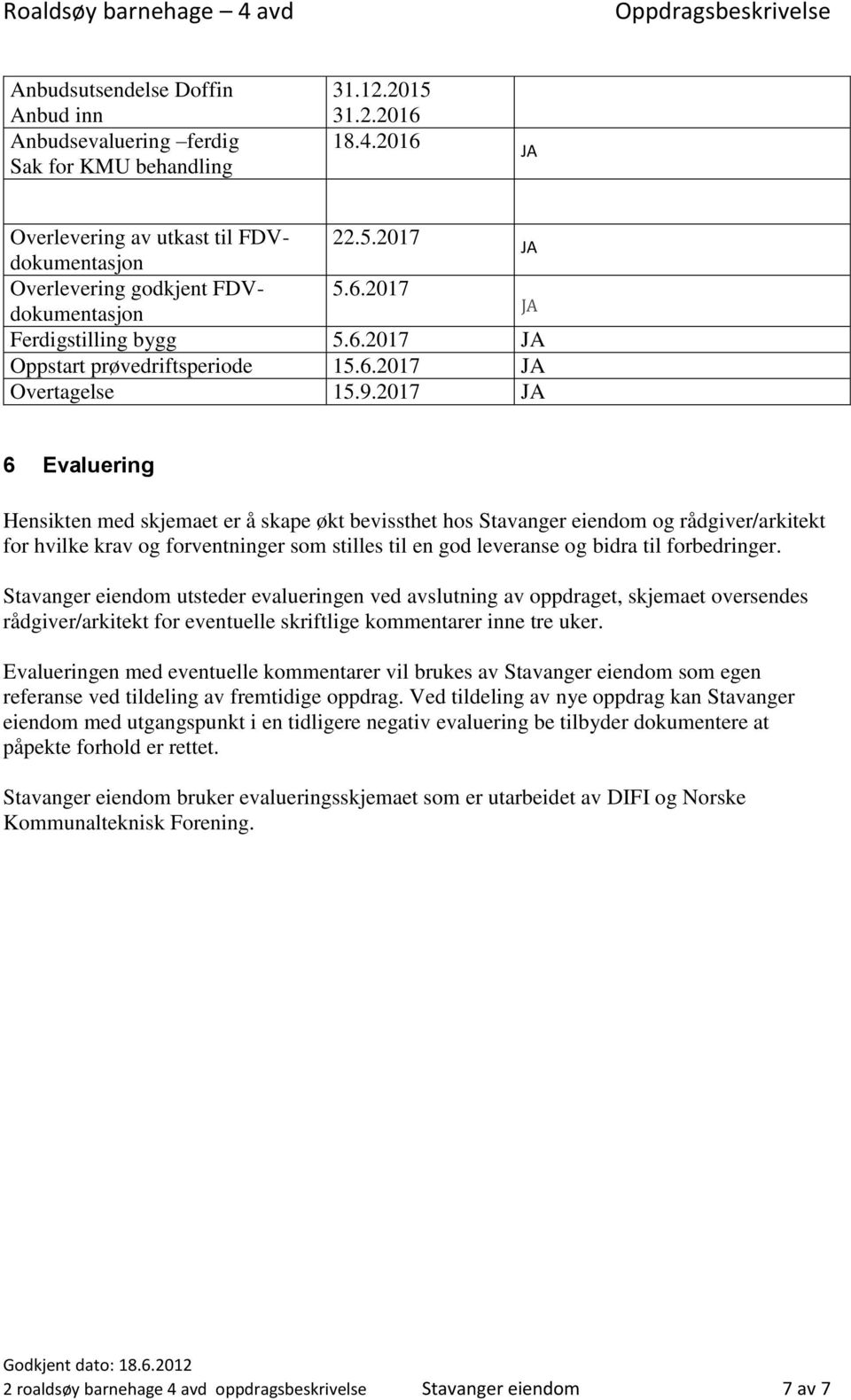 2017 JA 6 Evaluering Hensikten med skjemaet er å skape økt bevissthet hos Stavanger eiendom og rådgiver/arkitekt for hvilke krav og forventninger som stilles til en god leveranse og bidra til