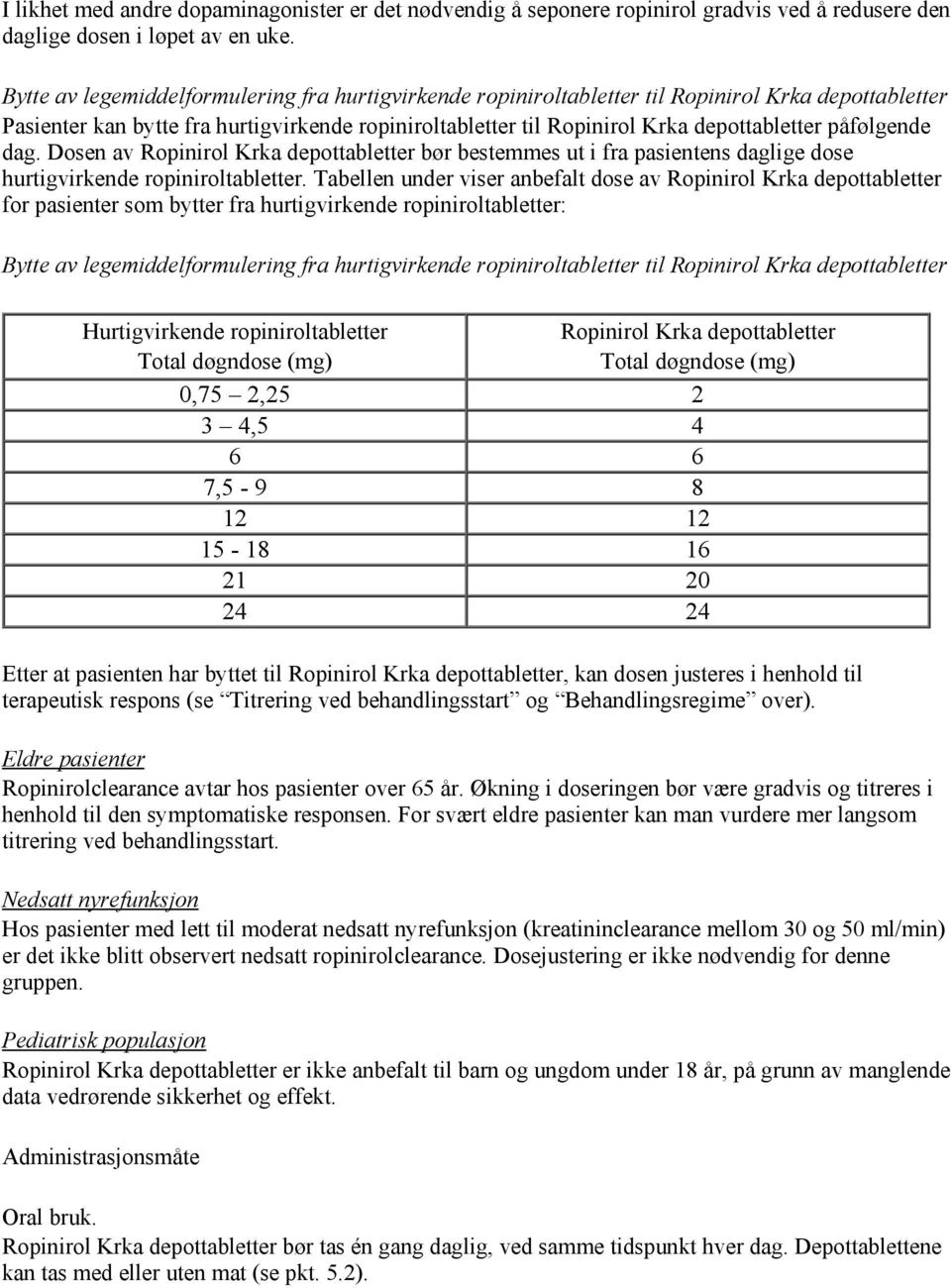 påfølgende dag. Dosen av Ropinirol Krka depottabletter bør bestemmes ut i fra pasientens daglige dose hurtigvirkende ropiniroltabletter.