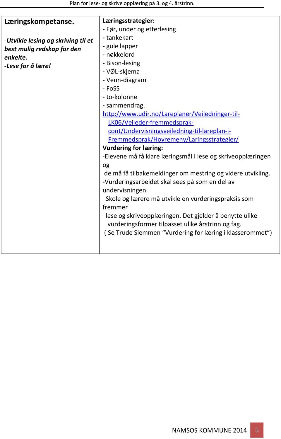 no/lareplaner/veiledninger-til- LK06/Veileder-fremmedsprak- cont/undervisningsveiledning-til-lareplan-i- Fremmedsprak/Hoyremeny/Laringsstrategier/ Vurdering for læring: -Elevene må få klare