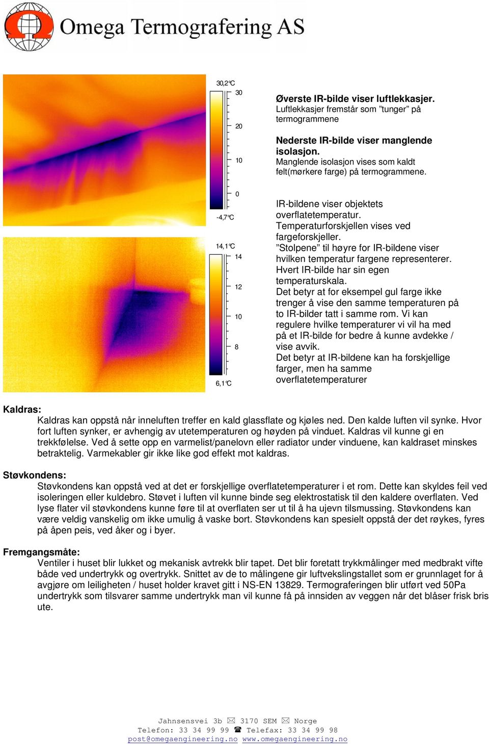 Temperaturforskjellen vises ved fargeforskjeller. Stolpene til høyre for IR-bildene viser hvilken temperatur fargene representerer. Hvert IR-bilde har sin egen temperaturskala.