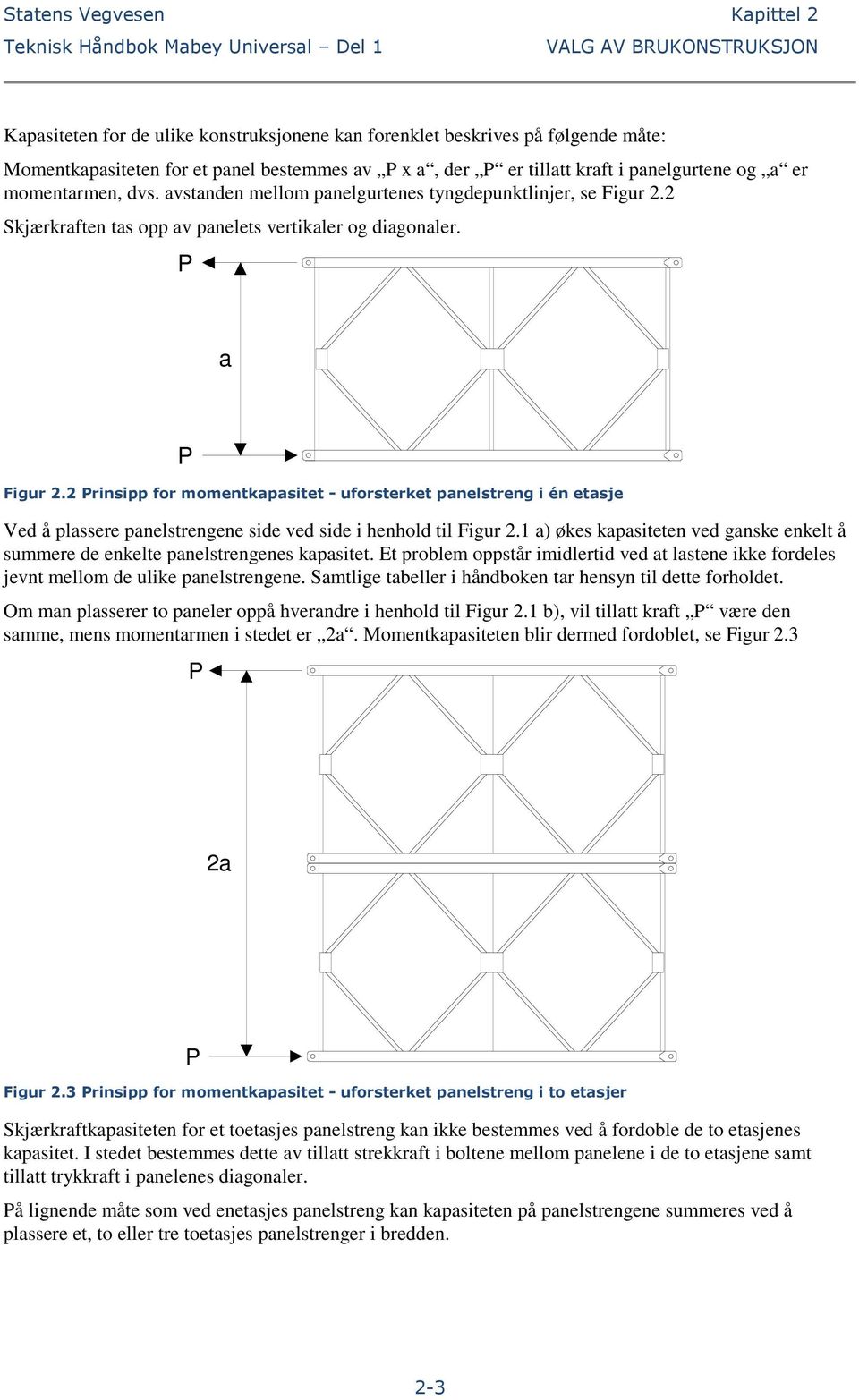 P a P Figur. Prinsipp for momentkapasitet uforsterket panelstreng i én etasje Ved å plassere panelstrengene side ved side i henhold til Figur.