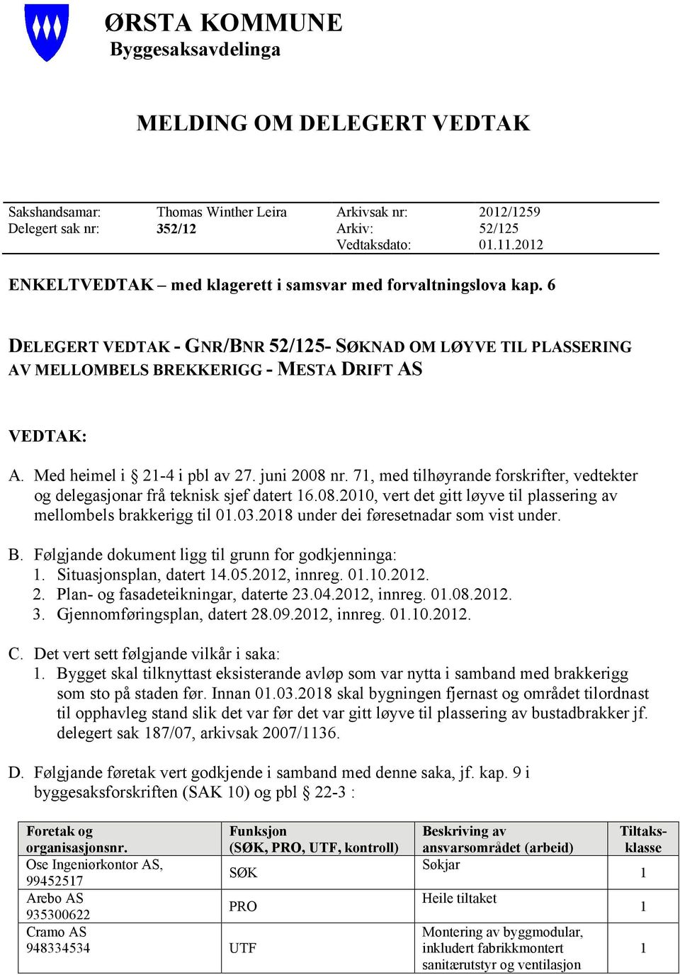 Med heimel i 2-4 i pbl av 27. juni 2008 nr. 7, med tilhøyrande forskrifter, vedtekter og delegasjonar frå teknisk sjef datert 6.08.200, vert det gitt løyve til plassering av mellombels brakkerigg til 0.