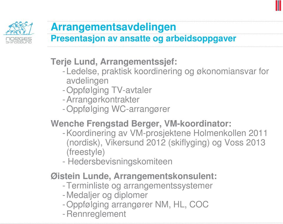 -Koordinering av VM-prosjektene Holmenkollen 2011 (nordisk), Vikersund 2012 (skiflyging) og Voss 2013 (freestyle) -