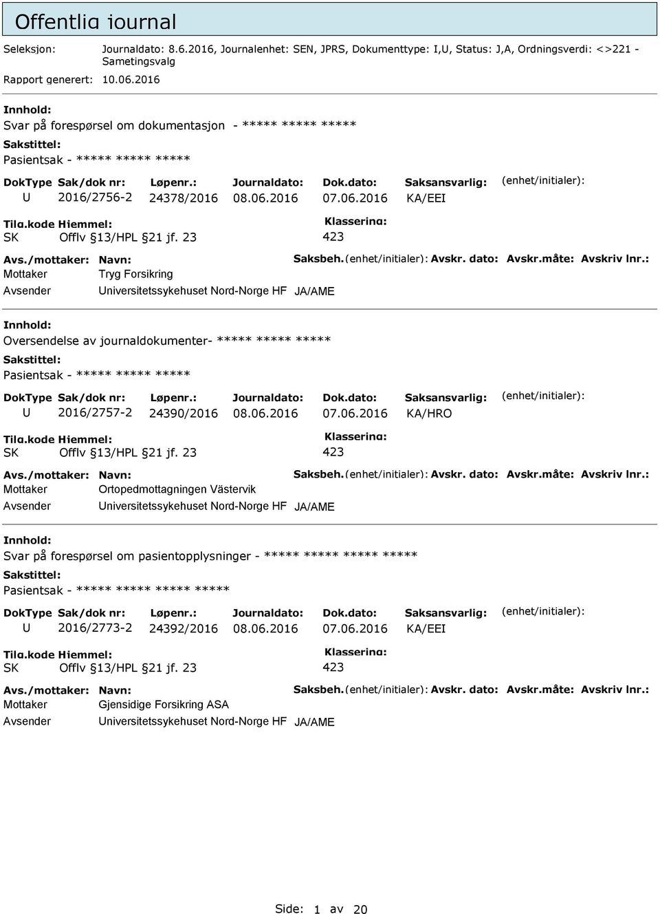 måte: Avskriv lnr.: Mottaker Tryg Forsikring JA/AME nnhold: Oversendelse av journaldokumenter- ***** ***** ***** asientsak - ***** ***** ***** 2016/2757-2 24390/2016 KA/HRO Offlv 13/HL 21 jf. 23 Avs.